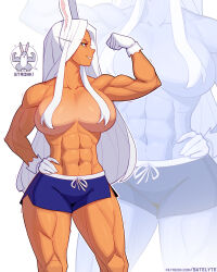  1girl abs absurdres animal_ears arm_up biceps blue_shorts boku_no_hero_academia breasts clenched_hand collarbone commentary dark-skinned_female dark_skin dolphin_shorts english_commentary english_text flexing hair_over_breasts hand_on_own_hip highres large_breasts long_eyelashes long_hair looking_to_the_side mirko muscular muscular_female navel parted_bangs parted_lips patreon_username rabbit rabbit_ears rabbit_girl red_eyes satelyte shorts smile solo speech_bubble stomach thick_thighs thighs topless very_long_hair white_hair zoom_layer 