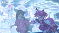  2girls :d :o amusement_park animal_ear_fluff animal_ears arknights blonde_hair bubble carousel closed_eyes collarbone collared_shirt cowboy_shot dot_nose facing_another ferris_wheel fox_ears fox_girl fox_tail hair_ribbon highres holding holding_hands holding_knife kitchen_knife kitsune knife kyuubi layered_skirt long_bangs long_sleeves microskirt morte_(arknights) multiple_girls multiple_tails nail_polish night open_mouth outdoors pajamas pants pink_eyes pink_hair pink_nails pink_pajamas pink_pants pink_ribbon pink_shirt pink_skirt pleated_skirt ribbon shamare_(arknights) shirt sho_(sho_lwlw) skirt smile stuffed_animal stuffed_toy suzuran_(arknights) tail watermark white_shirt 