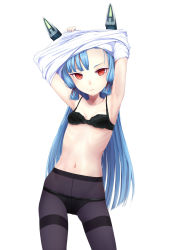 10s 1girl armpits arms_up bad_id bad_pixiv_id black_bra black_panties black_pantyhose blue_hair bra breasts collarbone crotch_seam hair_ribbon headgear highres kantai_collection long_hair looking_at_viewer mikanmelon murakumo_(kancolle) navel panties panties_under_pantyhose pantyhose red_eyes ribbon ribs ringed_eyes simple_background small_breasts solo standing stomach thighband_pantyhose thighs tsurime underwear underwear_only undressing white_background rating:Sensitive score:28 user:danbooru