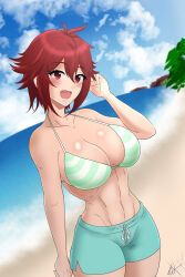  1girl absurdres aizawa_tomo arm_at_side beach bikini bikini_top_only happy highres leux_21 open_mouth red_eyes red_hair short_hair short_shorts shorts solo standing swimsuit tomo-chan_wa_onna_no_ko water  rating:Questionable score:75 user:masteromega