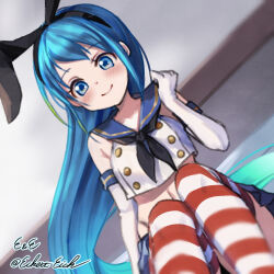  1girl animal_ears artist_name black_hairband black_neckerchief blue_eyes blue_sailor_collar blue_skirt buttons cosplay crop_top dot_nose double-breasted dutch_angle eckert&amp;eich elbow_gloves fake_animal_ears gloves gradient_hair hairband highres kantai_collection knees_up long_hair microskirt miniskirt multicolored_hair navel neckerchief one-hour_drawing_challenge pleated_skirt rabbit_ears sailor_collar samidare_(kancolle) shimakaze_(kancolle) shimakaze_(kancolle)_(cosplay) shirt sitting skirt sleeveless sleeveless_shirt solo striped_clothes striped_thighhighs tareme thighhighs twitter_username very_long_hair white_gloves 