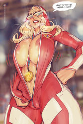  1girl alternate_costume areola_slip bbc-chan between_breasts blonde_hair blonde_pubic_hair blue_eyes bodysuit breasts cleft_of_venus commentary english_commentary english_text female_pubic_hair from_below full-length_zipper glasses hand_on_own_hip heavy_breathing highres hood hood_up huge_breasts inverted_nipples kolin lips long_hair looking_at_viewer medal nipple_slip nipples no_bra over-rim_eyewear parted_lips pubic_hair pubic_hair_peek red_bodysuit semi-rimless_eyewear solo street_fighter street_fighter_v sweat thick_thighs thighs unzipping zipper  rating:Questionable score:169 user:danbooru