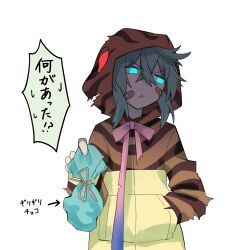  1girl bandaid bandaid_on_face blue_eyes blue_hair bow bowtie brown_hoodie commentary_request highres hood hood_up hoodie isobee kemono_friends long_sleeves looking_at_viewer obligation_chocolate pink_bow pink_bowtie print_hoodie short_hair sidelocks snake_print solo torn_clothes torn_hoodie translation_request tsuchinoko_(kemono_friends) two-tone_hoodie yellow_hoodie 