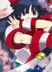 1girl ainu_clothes artist_name blue_eyes blue_hair cherry_blossoms covering_own_mouth crossed_arms fighting_stance fingerless_gloves gloves hair_ribbon highres long_hair looking_at_viewer nakoruru ribbon samurai_spirits snk solo the_king_of_fighters weapon