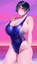 1girl arm_behind_back armpit_crease bare_shoulders beach blue_one-piece_swimsuit blush breasts bursting_breasts c-kyuu clothes_pull cloud competition_swimsuit eyelashes highres horizon large_breasts long_eyelashes ocean one-piece_swimsuit one-piece_swimsuit_pull original outdoors parted_lips purple_eyes purple_sky sand shiny_clothes shiny_skin short_hair skindentation sky solo swimsuit thighs tight_clothes undersized_clothes wet rating:Sensitive score:54 user:danbooru