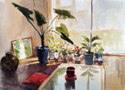  day fern indoors mirror nara_watercolor no_humans original painting_(medium) picture_frame plant plant_focus potted_plant shadow sunlight traditional_media watercolor_(medium) window 