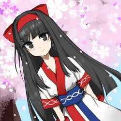  1girl ainu_clothes black_eyes black_hair breasts cherry_blossoms hair_ribbon highres long_hair looking_at_viewer nakoruru ribbon samurai_spirits small_breasts smile snk solo the_king_of_fighters 