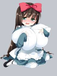  1girl blush breast_hold breasts brown_hair female_focus full-face_blush gigantic_breasts hair_ribbon huge_breasts long_hair open_mouth pedocchi puffy_nipples ribbon simple_background sitting solo  rating:Questionable score:92 user:joeyjoe