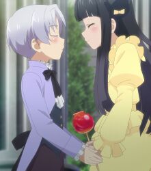  1boy 1girl black_hair candy candy_apple child closed_eyes double_bun dress food garden grey_hair hair_bun highres holding_hands imminent_kiss incipient_kiss legs licorice_mille_huarek long_hair okashi_na_tensei pants pastry_mille_morteln puckered_lips stitched thighs third-party_edit 