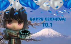  1girl balloon birthday birthday_cake blue_background blue_balloon blue_hair blue_sky blush cake cellphone chibi day food highres holding holding_phone looking_at_viewer mount_fuji mt._fuji nendoroid october open_mouth phone red_eyes scarf scenery shima_rin sky smartphone third-party_edit tree volcano white_balloon winter winter_clothes yurucamp  rating:Sensitive score:3 user:MAAB