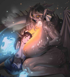 2girls absurdres aya_(mr_december206) black_hair blue_fire blue_skin breasts breasts_on_lap brown_eyes character_request claws colored_sclera colored_skin dragon_girl dragon_horns dragon_tail dragon_wings fire gigantic_breasts glowing glowing_breasts grey_skin highres horns large_breasts long_hair monster_girl multiple_girls nia_(nia4294) nipples nude one_eye_closed original red_sclera scales size_difference smile smoke tail wings yellow_eyes yuri rating:Questionable score:124 user:danbooru