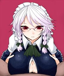 breasts cleavage cum cum_on_body cum_on_breasts cum_on_clothes cum_on_upper_body glasses han_(jackpot) huge_breasts izayoi_sakuya maid paizuri paizuri_under_clothes penis penis_under_another&#039;s_clothes red_eyes silver_hair touhou twintails rating:Explicit score:49 user:|XXX|