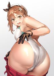 1girl ass atelier_(series) atelier_ryza atelier_ryza_2 bare_shoulders bent_over braid breasts brown_eyes brown_hair clothes_pull commentary_request gradient_background grey_background highres huge_ass kilye_kairi long_hair looking_at_viewer looking_back reisalin_stout shorts shorts_pull solo twisted_torso rating:Questionable score:77 user:danbooru