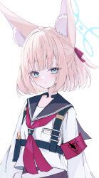  1girl absurdres animal_ear_fluff animal_ears armband black_choker black_sailor_collar blonde_hair blue_archive blue_eyes blue_halo blush choker commentary halo highres inaba_reito long_sleeves neckerchief niko_(blue_archive) parted_lips red_neckerchief sailor_collar short_hair simple_background solo symbol-only_commentary upper_body white_background 