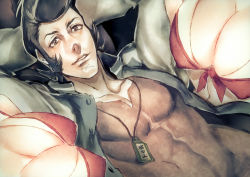  10s 1boy 2girls abs arm_behind_head arms_behind_head arms_up black_hair breasts brown_eyes cleavage dandy_(space_dandy) covered_erect_nipples front-tie_top highres impossible_clothes impossible_shirt jacket jewelry large_breasts looking_at_viewer lying midriff multiple_girls muscular necklace on_back pompadour scar shirt sideburns skin_tight smile space_dandy tagme tamachi_kuwa track_jacket  rating:Sensitive score:14 user:4efds