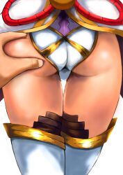  1girl 1other ass ass_focus ass_grab fingernails grabbing grabbing_from_behind head_out_of_frame highleg highleg_leotard legs leotard lower_body nia_(blade)_(xenoblade) nia_(xenoblade) shiny_skin shougakusei simple_background thick_thighs thigh_gap thighhighs thighs white_background white_leotard white_thighhighs xenoblade_chronicles_(series) xenoblade_chronicles_2 