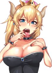 1girl :p absurdres areola_slip black_nails blonde_hair blue_eyes blush bowsette breasts cleavage collarbone earrings finger_in_own_mouth hand_on_own_chest highres horns jewelry large_breasts looking_at_viewer mario_(series) nail_polish new_super_mario_bros._u_deluxe nintendo nipple_slip nipples open_mouth oral_invitation pointy_ears ponytail risenegi saliva sharp_teeth simple_background sleeveless solo strapless super_crown teeth tongue tongue_out upper_body uvula white_background rating:Questionable score:47 user:danbooru
