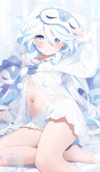  1girl alternate_costume artist_name blue_eyes blue_hair blush center_opening closed_mouth commentary deyui frilled_sleeves frills furina_(genshin_impact) genshin_impact hair_between_eyes highres long_hair long_sleeves looking_at_viewer multicolored_hair navel pom_pom_(clothes) shirt shorts sleep_mask solo streaked_hair thighs white_hair white_shirt white_shorts 