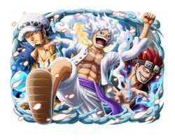  3boys abs black_eyes black_hair cape chest_tattoo closed_mouth cloud cloud_hair commentary curly_eyebrows earrings english_commentary eustass_kid facial_hair fur_cape fur_hat gear_fifth goatee goggles goggles_on_head grin hat jewelry looking_at_viewer male_focus monkey_d._luffy multiple_boys official_art one_piece one_piece_treasure_cruise open_clothes pirate prosthesis prosthetic_arm red_eyes red_hair red_nails sandals scar scar_on_chest scar_on_face shirt short_hair smile straw_hat tattoo trafalgar_law white_hair yellow_shirt 
