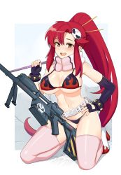  1girl anti-materiel_rifle asymmetrical_sleeves bare_shoulders belt bikini bikini_top_only black_gloves blush breasts brown_eyes cleavage day elbow_gloves eyebrows_hidden_by_hair fingerless_gloves flame_print gloves groin gun hair_between_eyes hair_ornament highres kneeling large_breasts long_hair looking_at_viewer navel open_mouth outdoors panties pink_thighhighs ponytail red_hair rezodwel rifle scarf self-upload shadow sidelocks signature single_elbow_glove skindentation skull_hair_ornament smile sniper_rifle solo stomach studded_belt swimsuit tengen_toppa_gurren_lagann thick_thighs thighhighs thighs underboob underwear weapon yoko_littner  rating:Sensitive score:56 user:abdulajfo_eotwpt
