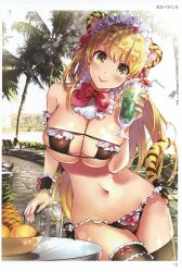  1girl absurdres ahoge animal_ear_fluff animal_ears arm_at_side bare_shoulders bendy_straw bikini black_bikini blonde_hair blush border bow bow_bikini bowtie breasts cleavage closed_mouth cocktail cocktail_glass collarbone cup day detached_collar drink drinking_glass drinking_straw eyepatch_bikini fingernails food frilled_bikini frills fruit green_eyes head_tilt highres holding holding_cup large_breasts lens_flare long_hair looking_at_viewer maid maid_bikini original otabe_sakura outdoors page_number palm_tree pink_bow pink_bowtie scan side-tie_bikini_bottom sidelocks skindentation smile solo strapless strapless_bikini striped_tail swimsuit tail tail_raised thighhighs tiger_ears tiger_girl tiger_tail toranoana tree tropical_drink unconventional_maid underboob very_long_hair white_border 