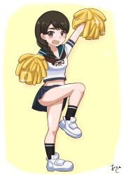  1girl akashieru artist_logo artist_name blue_sailor_collar blue_skirt brown_eyes brown_hair brown_neckerchief cheerleader full_body hair_over_shoulder highres holding holding_pom_poms kantai_collection long_hair looking_at_viewer neckerchief one-hour_drawing_challenge open_mouth pleated_skirt pom_pom_(cheerleading) pom_poms sailor_collar sailor_shirt shirt short_sleeves skirt solo standing standing_on_one_leg uranami_(kancolle) white_footwear white_shirt yellow_background 
