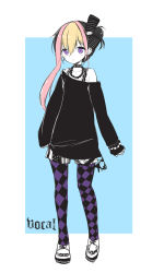  1boy androgynous argyle argyle_clothes argyle_legwear black_hair blonde_hair bow checkered_clothes checkered_legwear earrings english_text hair_bow hair_bun highres jewelry long_hair multicolored_hair necklace off_shoulder open_mouth original patterned_legwear pink_hair purple_eyes ribbon sakiyo_cake shoes shorts single_hair_bun sleeves_past_wrists sneakers standing trap  rating:Questionable score:27 user:BlueBaroness