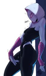  1girl abs breasts english_text female_masturbation highres hood leaning leotard marvel mask masturbation nudiedoodles pussy_juice pussy_juice_trail signature small_breasts spider-gwen spider-man:_across_the_spider-verse spider-man:_into_the_spider-verse spider-man_(series) spider-verse spider_web_print toned  rating:Explicit score:186 user:danbooru