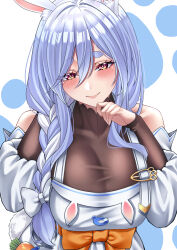  1girl absurdres animal_ear_fluff animal_ears black_bodysuit blue_hair blush bodysuit bow braid braided_ponytail breasts carrot_in_pocket cleavage detached_sleeves dress hair_bow hair_over_shoulder highres hololive large_breasts long_hair mature_female multicolored_hair orange_eyes pekomama rabbit-shaped_pupils rabbit_ears rabbit_girl short_eyebrows sleeveless sleeveless_dress solo symbol-shaped_pupils two-tone_hair virtual_youtuber wanzi_(99wanzi99) white_bow white_dress white_hair white_sleeves 