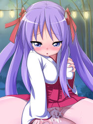  00s 1boy 1girl blue_eyes bow breast_hold breasts censored cowgirl_position cum cum_in_pussy girl_on_top grabbing_own_breast highres hiiragi_kagami lucky_star no_panties nyamota outdoors penis pov purple_hair ribbon sex straddling sweat tears twintails vaginal  rating:Explicit score:19 user:srejy