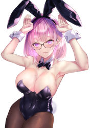  1girl animal_ears armpits arms_up bad_id bad_twitter_id bare_arms bare_shoulders black-framed_eyewear black_bow black_bowtie black_leotard bow bowtie breasts brown_pantyhose character_request cleavage collarbone commentary copyright_request covered_navel cowboy_shot detached_collar fake_animal_ears glasses large_breasts leotard long_hair looking_at_viewer mole mole_on_breast nabeshima_tetsuhiro pantyhose pink_hair playboy_bunny purple_eyes rabbit_ears rabbit_pose simple_background smile solo standing strapless strapless_leotard symbol-only_commentary white_background wrist_cuffs 