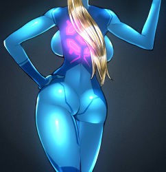 1girl ass backboob blonde_hair bodysuit breasts hand_on_own_hip huge_breasts impossible_clothes large_breasts long_hair metroid narrow_waist nintendo samus_aran shiny_clothes skin_tight solo spacezin zero_suit rating:Questionable score:335 user:danbooru