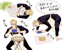  1boy apron barefoot black_pants black_shirt blonde_hair cellphone commentary_request expressionless feet food goggles gokushufudou holding holding_phone jujutsu_kaisen kijinkutsu lying male_focus nanami_kento on_side outdoors pants parted_lips phone sandwich shirt short_hair sleeves_rolled_up smartphone solo table taking_picture tsuda_kenjirou voice_actor_connection 