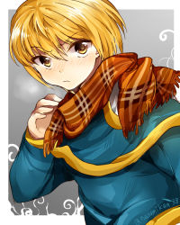  1boy alternate_costume blonde_hair blush hunter_x_hunter kurapika scarf  rating:Sensitive score:3 user:Shugo589