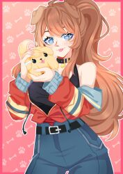  1girl :p animal_ears bare_shoulders belt black_belt black_shirt blue_eyes blue_jacket blue_pants blush breasts brown_hair carrying carrying_animal closed_mouth collar collarbone cowboy_shot denim dog dog_ears dog_girl eyebrows eyelashes female_focus ghostcandy_uwu happy indie_virtual_youtuber jacket jacket_partially_removed large_breasts lilybell_(vtuber) long_hair long_sleeves looking_at_viewer multicolored_clothes multicolored_jacket off-shoulder_jacket off_shoulder open_clothes open_jacket orange_jacket pants pink_background ponytail shirt simple_background sleeveless sleeveless_shirt smile solo standing tongue tongue_out very_long_hair virtual_youtuber yellow_jacket 