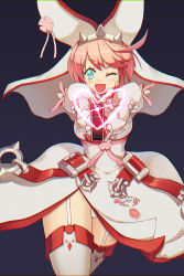  1girl ahoge aiming aiming_at_viewer aqua_eyes arc_system_works blush breasts clover defiaz_(infinity) dress earrings elphelt_valentine garter_straps gloves guilty_gear guilty_gear_xrd gun heart jewelry looking_at_viewer one_eye_closed open_mouth panties pantyshot pink_hair puffy_sleeves short_hair side_slit smile solo spikes thighhighs underwear veil weapon white_thighhighs wide_hips wink  rating:Sensitive score:18 user:armorcrystal