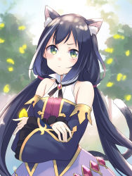 &gt;:( 1girl animal_ear_fluff animal_ears bare_shoulders black_hair black_sleeves blush cat_ears cat_girl cat_tail closed_mouth commentary_request detached_sleeves green_eyes gucchiann highres karyl_(princess_connect!) light_frown long_hair long_sleeves low_twintails multicolored_hair princess_connect! purple_skirt shirt skirt sleeveless sleeveless_shirt sleeves_past_wrists solo streaked_hair tail tail_raised tree twintails v-shaped_eyebrows very_long_hair white_hair white_shirt wide_sleeves rating:Sensitive score:6 user:danbooru