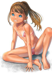  1girl barefoot bikini blue_eyes brown_hair collarbone feet flat_chest grin highres loli looking_at_viewer original paid_reward_available ponytail red_bikini simple_background sitting smile soles solo striped_bikini striped_clothes swimsuit tan tanline toes uzuki_mei vertical-striped_bikini vertical-striped_clothes white_background  rating:Sensitive score:32 user:romantic_colors