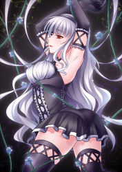 1girl armpits ass bad_id bad_pixiv_id black_gloves black_thighhighs bound breasts elbow_gloves flower gloves hairband idolmaster idolmaster_(classic) large_breasts long_hair open_mouth red_eyes shijou_takane silver_hair solo thighhighs tied_up tsukimi_kirara rating:Sensitive score:24 user:danbooru