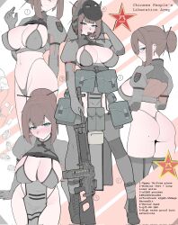  1girl ammunition_pouch bikini black_bikini black_footwear black_panties black_thighhighs blue_eyes blunt_bangs boots breast_cutout breasts brown_hair character_sheet china_dress chinese_clothes cleavage dress drop_earrings earmuffs earrings explosive grenade grey_shirt gun hair_bun hair_ornament hair_stick headset highleg highleg_panties highres holding holding_gun holding_weapon jewelry large_breasts long_hair long_sleeves looking_at_viewer machine_gun mask mask_on_head microphone mole mole_on_ass mole_on_breast navel neptune_zx original panties patch pelvic_curtain people&#039;s_liberation_army pouch shirt sidelocks smile solo sweatdrop swimsuit thighhighs thighs type_88_lmg underwear weapon 