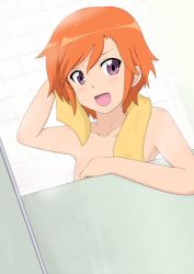  1girl ;d after_bathing bare_arms blush captain_earth commentary_request convenient_censoring gobanme_no_mayoi_neko highres nude one_eye_closed open_mouth orange_hair purple_eyes short_hair smile solo swept_bangs towel towel_around_neck upper_body wet yomatsuri_akari 