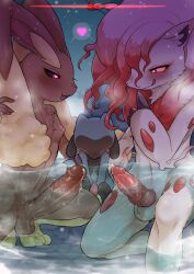  3boys animal_penis bathhouse black_sclera blue_fur blush brown_fur colored_sclera creatures_(company) embarrassed erection furry game_freak gen_4_pokemon heart heart-shaped_pupils hisuian_zoroark knotted_penis licking_lips looking_at_another lopunny male_focus multiple_boys night nintendo nipples nohtuy nude open_mouth penis pokemon riolu shota simple_background squatting symbol-shaped_pupils testicles tongue tongue_out wet white_fur yellow_sclera 