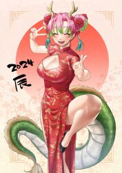  1girl 2024 breasts china_dress chinese_clothes chinese_zodiac cleavage cleavage_cutout closed_eyes clothing_cutout double_bun dress fighting_stance flower green_hair hair_bun hair_flower hair_ornament highres horns kanroji_mitsuri kimetsu_no_yaiba large_breasts leaf_print mole mole_under_each_eye mole_under_eye multicolored_hair multiple_moles neziiro open_mouth pelvic_curtain pink_hair red_dress red_nails side_slit solo tassel teeth upper_teeth_only v year_of_the_dragon 