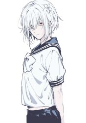  1girl a_certain_high_school_uniform accelerator_(toaru_majutsu_no_index) albino androgynous arms_behind_back blue_sailor_collar blue_skirt bow colored_eyelashes earphones expressionless flat_chest from_side genderswap genderswap_(mtf) hair_over_one_eye highres looking_at_viewer midriff_peek official_alternate_costume pale_skin red_eyes ringo_niruni sailor_collar sanpaku school_uniform serafuku shirt short_hair short_sleeves skirt solo standing suzushina_yuriko toaru_majutsu_no_index upper_body white_background white_bow white_hair white_shirt 