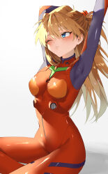  1girl :&lt; absurdres arms_up artist_request ass blue_eyes blush bodysuit breasts brown_hair hair_between_eyes hair_ornament highres interface_headset long_hair neon_genesis_evangelion one_eye_closed pilot_suit plugsuit red_bodysuit shiny_clothes simple_background sitting skin_tight solo souryuu_asuka_langley stretching two_side_up very_long_hair wide_hips 