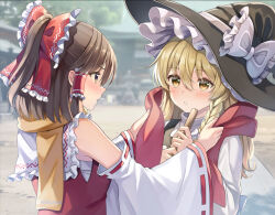  2girls bare_shoulders bow braid broom brown_eyes brown_hair eye_contact fingernails frilled_bow frilled_hair_tubes frills hair_between_eyes hair_bow hair_tubes hakurei_reimu hat helping holding holding_broom kirisame_marisa light_blush long_hair looking_at_another multiple_girls outdoors parted_lips profile red_scarf red_vest ribbon-trimmed_sleeves ribbon_trim sarashi scarf single_braid snow teeth touhou upper_body vest witch_hat yellow_eyes yellow_scarf yuri yuuka_nonoko  rating:General score:5 user:yyf