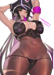  1girl absurdres armband armpits ashiomi_masato bikini bikini_bottom_only black_hair bodystocking breasts cleavage commentary_request covered_navel fate/grand_order fate_(series) hat highres large_breasts lips loincloth looking_at_viewer lowleg lowleg_bikini mouth_hold multicolored_hair pantyhose peaked_cap purple_hair seductive_smile sessyoin_kiara sessyoin_kiara_(swimsuit_mooncancer) sessyoin_kiara_(swimsuit_mooncancer)_(second_ascension) shiny_clothes shiny_skin simple_background sleeveless smile solo string_bikini swimsuit thighs thong_bikini torn_clothes two-tone_hair white_background yellow_eyes zipper zipper_pull_tab  rating:Sensitive score:97 user:danbooru