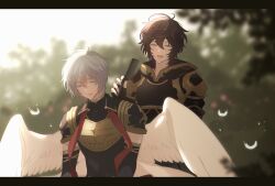  2boys :d ahoge armor blurry breastplate brown_hair closed_eyes comb commentary_request depth_of_field elbow_gloves feathered_wings feathers fingerless_gloves forest gloves granblue_fantasy hair_between_eyes hood hood_down light_particles lucifer_(shingeki_no_bahamut) male_focus messy_hair multiple_boys nature open_mouth red_ribbon ribbon sandalphon_(granblue_fantasy) short_hair sitting smile tree turtleneck white_feathers white_hair white_wings wings yaoi yori_(y_rsy) 