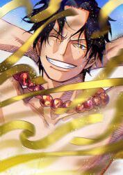  1boy bead_necklace beads black_eyes black_hair clenched_teeth commentary commentary_request english_commentary freckles highres jewelry looking_at_viewer male_focus mixed-language_commentary necklace oda_eiichirou official_art one_eye_closed one_piece portgas_d._ace short_hair smile solo teeth topless_male 
