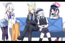  4girls absurdres ahoge animal_ear_fluff animal_ears antenna_hair armband black_pantyhose blanket blonde_hair blue_archive blue_eyes blue_hair blue_halo blue_necktie blue_shirt blush boots bow braid closed_mouth collared_shirt commentary_request couch crossed_arms crossed_legs dog_ears drooling extra_ears feet_out_of_frame fubuki_(blue_archive) gunpuu hair_between_eyes hair_over_one_eye halo hat high_heel_boots high_heels highres holding holding_blanket jacket kanna_(blue_archive) kirino_(blue_archive) knee_pads leaning_forward letterboxed long_hair looking_to_the_side multicolored_hair multiple_girls necktie open_mouth pantyhose pink_halo police police_hat police_uniform policewoman purple_armband red_eyes saliva shirt simple_background sitting sleeping smile streaked_hair tie_clip twintails uniform valkyrie_police_academy_student_(blue_archive) white_background white_bow white_hair white_jacket 